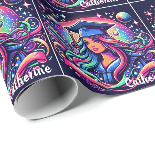 Abschluss Girl in Neon Colors Custom Geschenkpapier (Rolleneckpunkt)