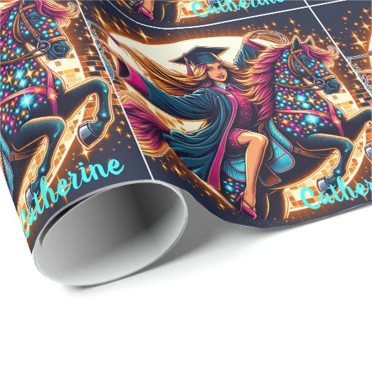 Abschluss Girl on Extravagant Horse Custom Geschenkpapier (Rolleneckpunkt)