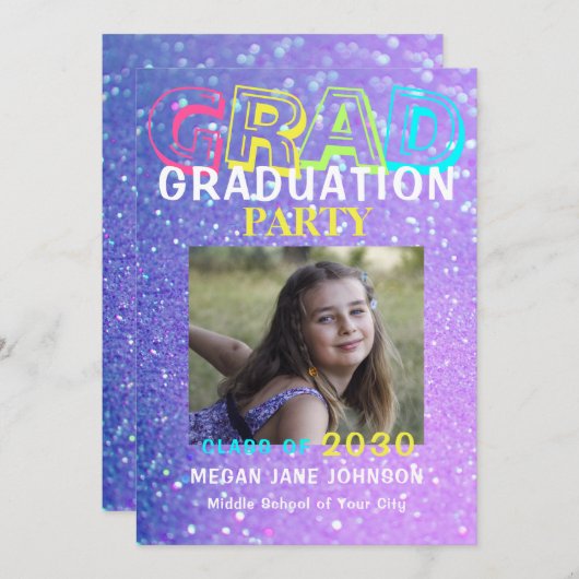 Abschluss Glitzer Mittelschule Foto Einladung (Vorne/Hinten)
