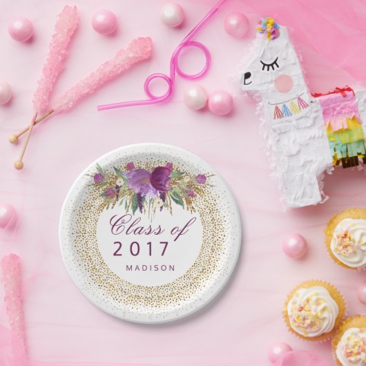 Abschluss-Glitzerwatercolor-Blumen-GoldConfetti Pappteller (Party)