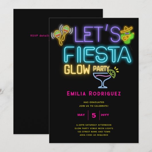 Abschluss Glow Party Invitación Fiesta de Neón Einladung (Vorne/Hinten)