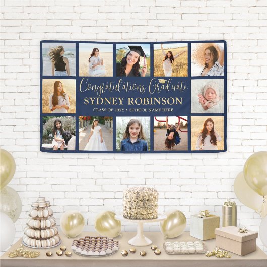 Abschluss-Glückwunsch 12 Foto Collage Navy und Gol Banner