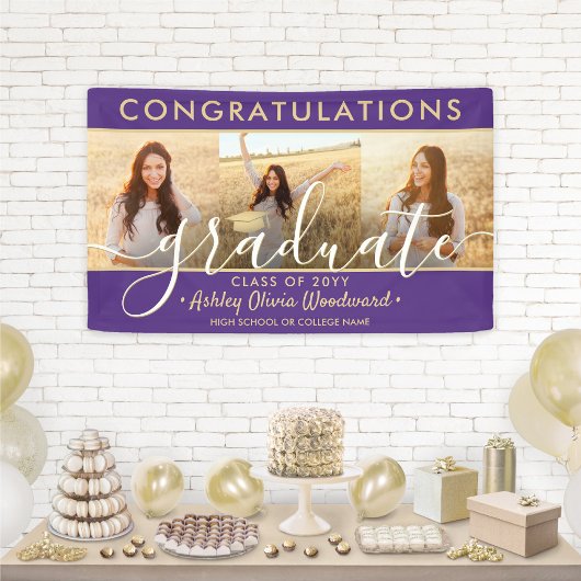 Abschluss Glückwunsch 3 Foto Collage Lila & Gold Banner