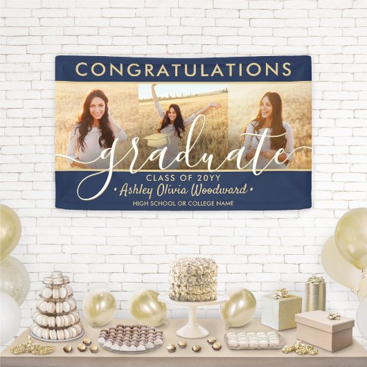 Abschluss Glückwunsch 3 Foto Collage Navy und Gold Banner