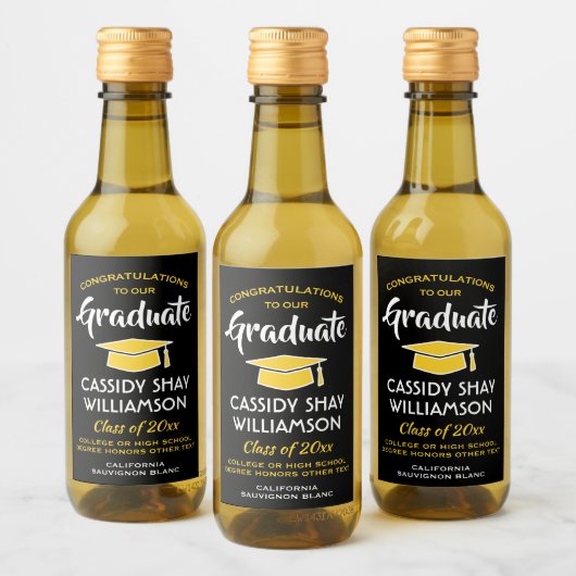 Abschluss Glückwunsch Elegantes Schwarzes Gelbes M Weinetikett (Flaschen)