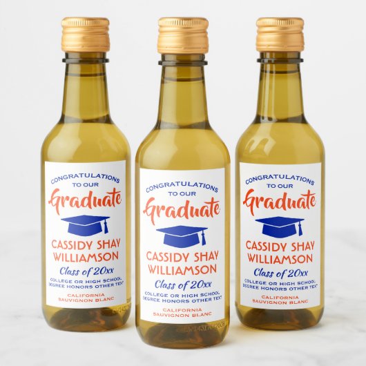 Abschluss Glückwunsch Moderne Orange und Blue Mini Weinetikett (Flaschen)