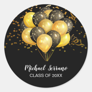 Abschluss Gold & Black Balloons auf Schwarz Runder Aufkleber