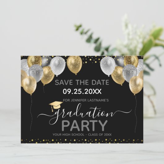Abschluss Gold Black Save the Date Einladung (Stehend Vorderseite)