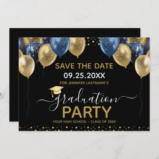 Abschluss Gold Blue Save the Date Einladung (Vorne/Hinten)