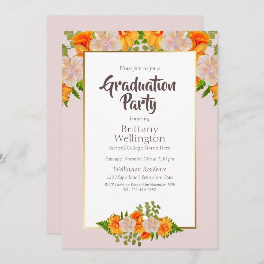 Abschluss Gold Blush Rosa Orangefarbenes Party Einladung (Vorne/Hinten)