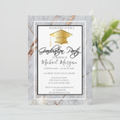 Abschluss Gold Cap Marmor Stone Graduation Party Einladung (Stehend Vorderseite)