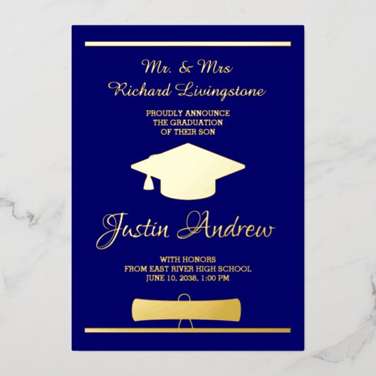 Abschluss Gold Foil Blue Announccard Folieneinladung (Vorderseite)