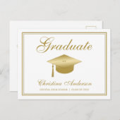 Abschluss Gold Grad Cap & Script auf weißem Party Einladungspostkarte (Vorne/Hinten)