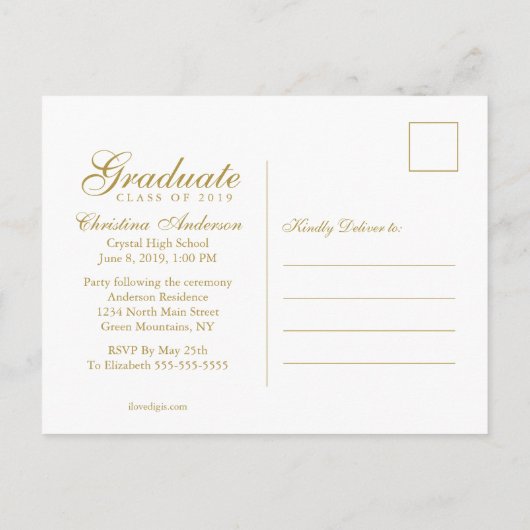 Abschluss Gold Grad Cap & Script auf weißem Party Einladungspostkarte (Rückseite)