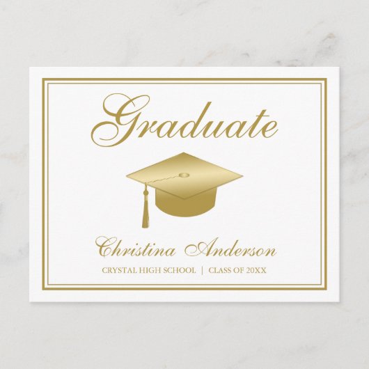 Abschluss Gold Grad Cap & Script auf weißem Party Einladungspostkarte (Vorderseite)