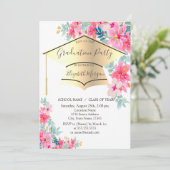 Abschluss "Gold Grad Cap Spring Flowers" Einladung (Stehend Vorderseite)