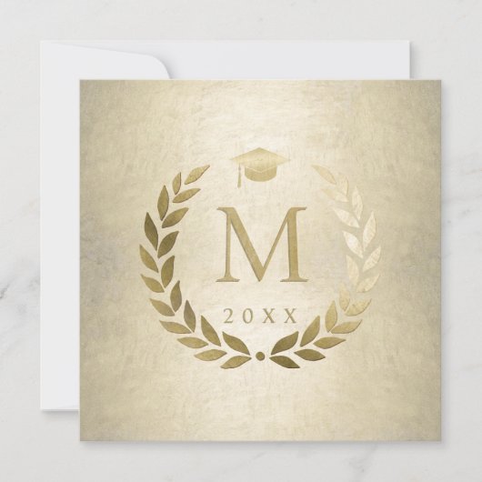 Abschluss Gold Laurel Wreath Grad Cap Mit Monogram Einladung (Vorderseite)