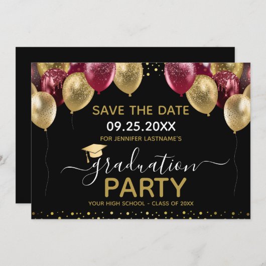 Abschluss Gold Rot Save the Date Einladung (Vorne/Hinten)