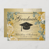 Abschluss Grad Cap Gold Rose Bloral Einladungspostkarte (Vorne/Hinten)
