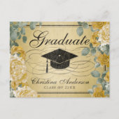 Abschluss Grad Cap Gold Rose Bloral Einladungspostkarte (Vorderseite)