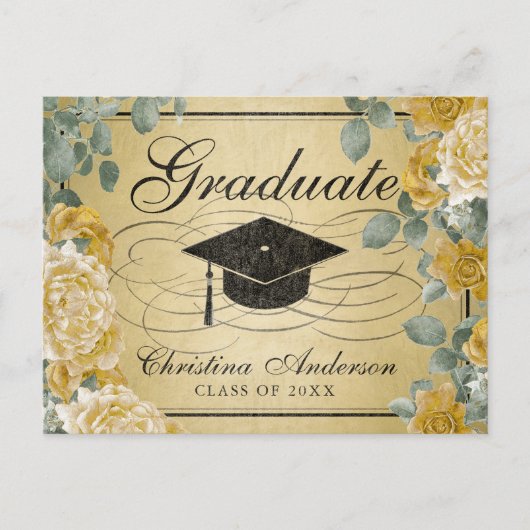Abschluss Grad Cap Gold Rose Bloral Einladungspostkarte (Vorderseite)