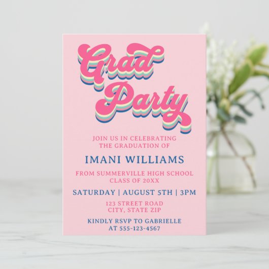 Abschluss Grad Party Groovy Retro Typografie Einladung (Stehend Vorderseite)