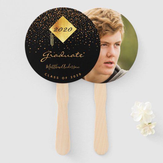 Abschluss Graduate Black Gold Konfetti Foto 2023 Fächer (Vorne und Hinten)