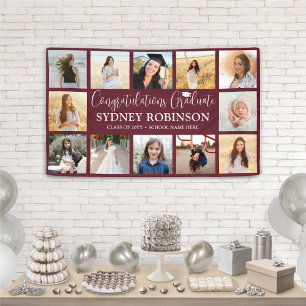 Abschluss Gratulation 12 Foto-Collage Burgunderrot Banner