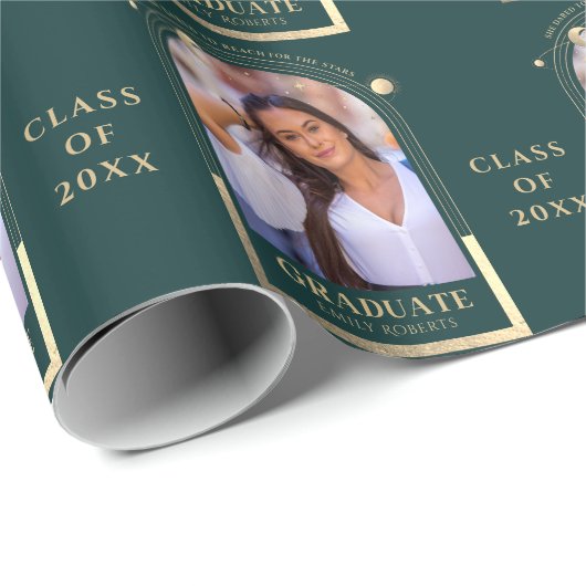 Abschluss Green Gold Sun Moon Stars Grad Foto Geschenkpapier (Rolleneckpunkt)