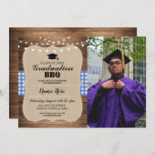 Abschluss GRILLEN Foto Burlap Blue Rustic Wood Einladung (Vorne/Hinten)