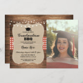 Abschluss GRILLEN Foto Burlap Red Rustic Wood Einladung (Vorne/Hinten)