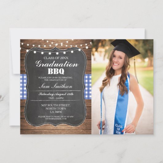 Abschluss GRILLEN Foto-Karo-blaues rustikales Holz Einladung (Vorderseite)