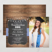 Abschluss GRILLEN Foto-Karo-blaues rustikales Holz Einladung (Vorne/Hinten)