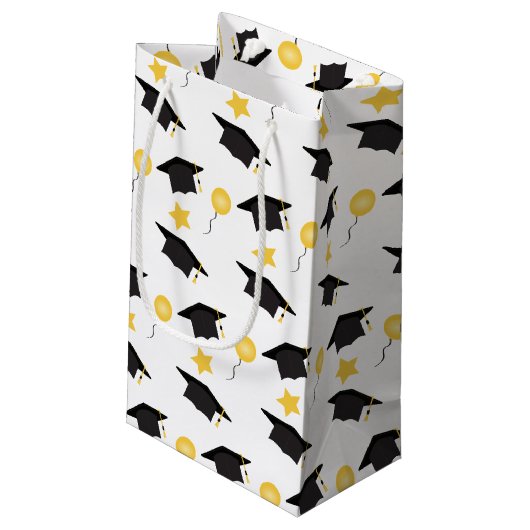 Abschluss Hat Balloons Stars Muster Gelb Schwarz Kleine Geschenktüte (Rückseite Schrägansicht)