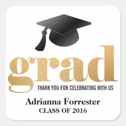 Abschluss Hat Imitate Gold Foil Grad Typografie Quadratischer Aufkleber (Vorderseite)