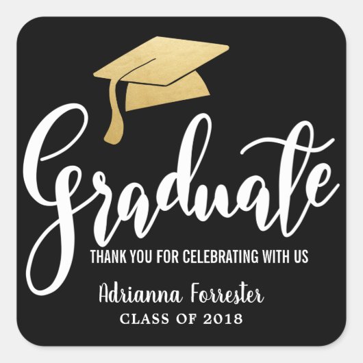 Abschluss Hat Imitats Gold Foil Vielen Dank | Schw Quadratischer Aufkleber (Vorderseite)