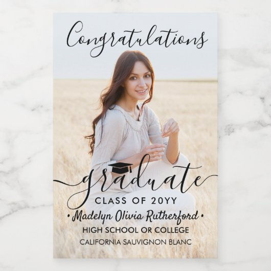 Abschluss Herzlichen Glückwunsch Foto Black Script Weinetikett (Einzelnes Label)