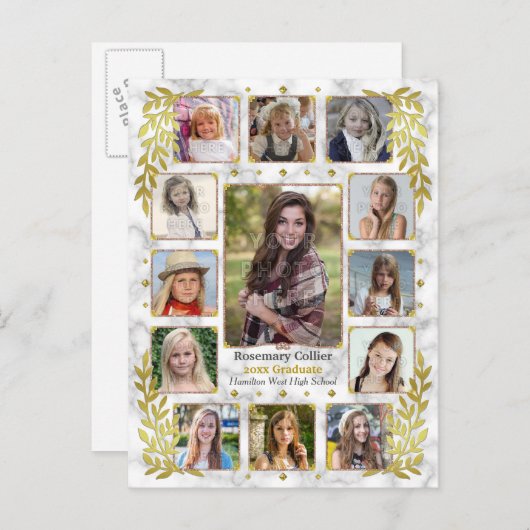 Abschluss High School FotoCollage | Goldmarmor Ankündigungspostkarte (Vorne/Hinten)