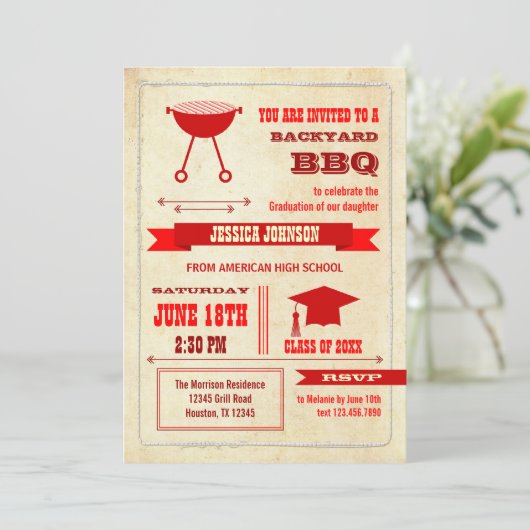 Abschluss-Hinterhof GRILLEN Einladung (Stehend Vorderseite)