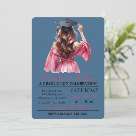 Abschluss in Rosa und Schwarz Einladung (Stehend Vorderseite)