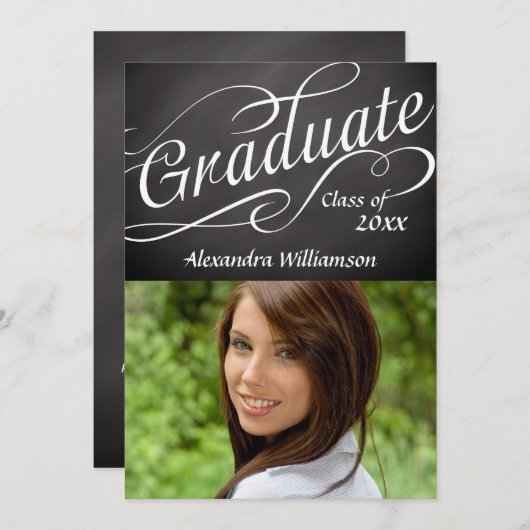 Abschluss in Wirbler Script-Chalkboard mit Foto Einladung (Vorne/Hinten)