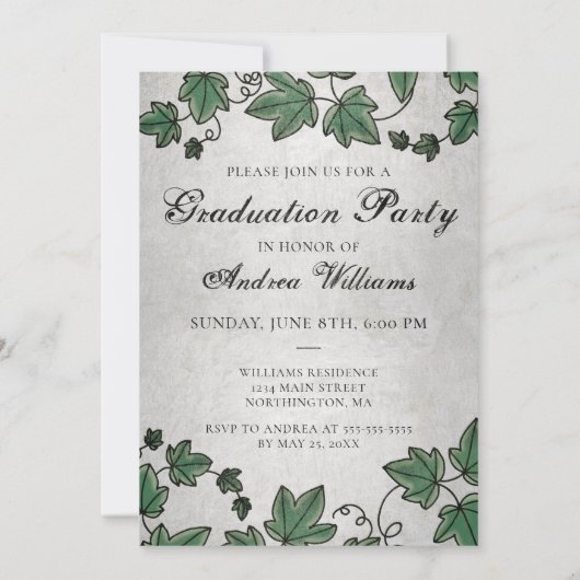 Abschluss Ivy mit Silver Black Script Grad Party Einladung (Rückseite)