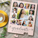 Abschluss K-12 Script FotoCollage auf Rosa Puzzle<br><div class="desc">Seien Sie stolz, freuen Sie sich und zeigen Sie diesen Meilenstein Ihres Lieblingsgrades. Schaffen Sie dieses geistliche, atemberaubende, einfache, moderne, personalisierte High School Abschluss K - 12 Foto Collage Puzzle für einen wahren Schatz, den Sie immer schätzen werden. Ein lustiges, spielerisches visuelle von weicher grauer Schrift-Handschrift und niedlichen, spielerischen Herzen,...</div>