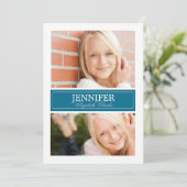 Abschluss-Karte mit blauem und weißem Foto Einladung (Stehend Vorderseite)