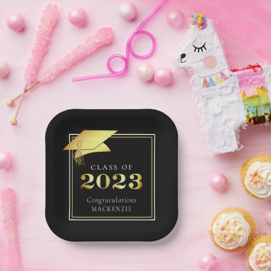 Abschluss-Klasse 2023 Schwarzes Gold Personalisier Pappteller (Party)