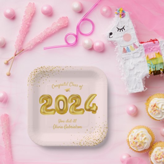 Abschluss-Klasse 2024 Pink Gold Ballons Custom Pappteller (Party)