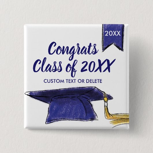 Abschluss-Klasse von 20XX Blue Grad Cap Custom Button (Vorderseite)
