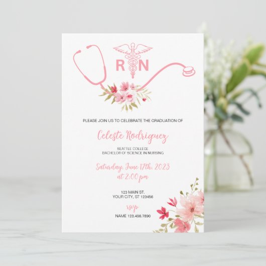 Abschluss Krankenpflege Einladung Rosa Blume (Stehend Vorderseite)