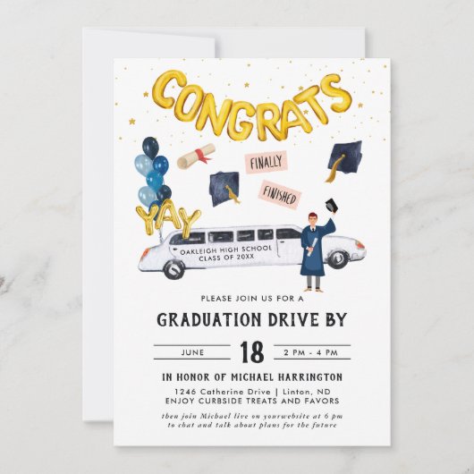 Abschluss-Laufwerk durch Parade Party | Weißer Lim Einladung (Vorderseite)