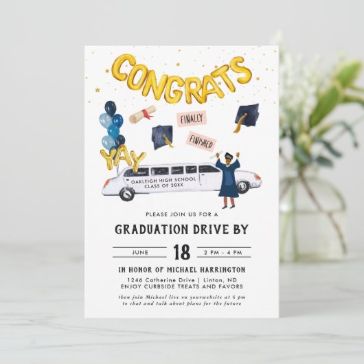 Abschluss-Laufwerk durch Parade Party | Weißer Lim Einladung (Stehend Vorderseite)